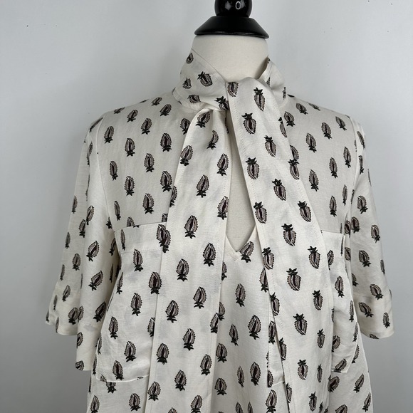 NWT Banana Republic‎ Viscose Linen Tie Neck Top SMALL Block Print Relaxed Blouse - Picture 5 of 17